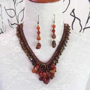 Carnelian, jasper & beads necklace & earrings in copper setting - 1980s